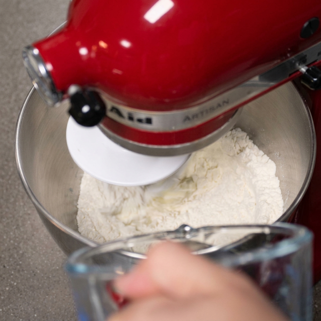 Pouring water from a glass measuring cup into a red stand mixer kneading flour.