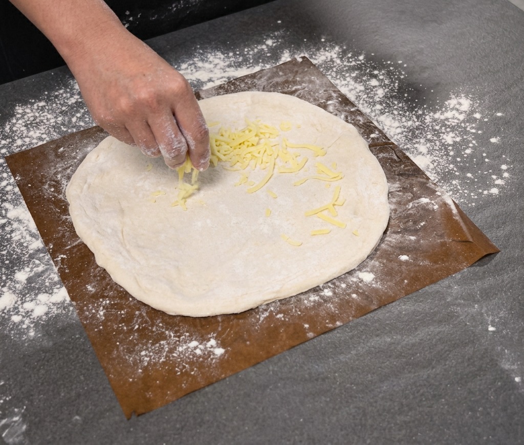 A hand sprinkling shredded mozzarella cheese over a stretched pizza dough base on a sheet of parchment paper.