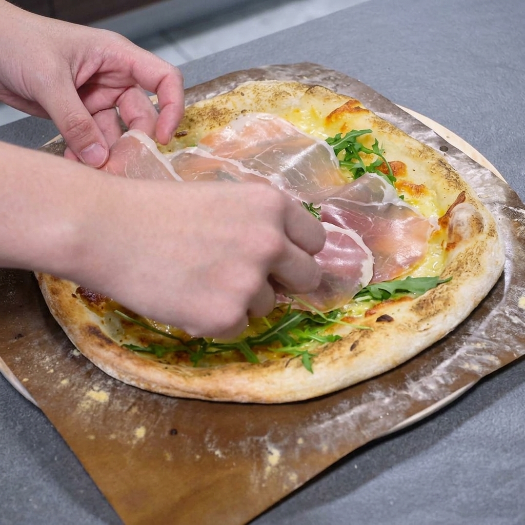 Hands carefully arranging thin slices of Parma ham over fresh arugula on a freshly baked pizza crust.