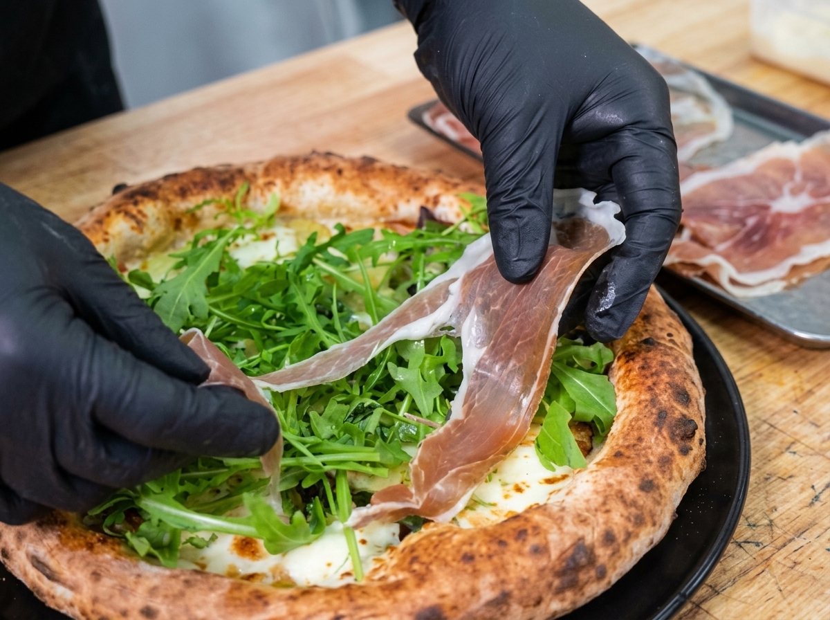 Thin, delicate slices of prosciutto ham being layered over a bed of arugula on a pizza.