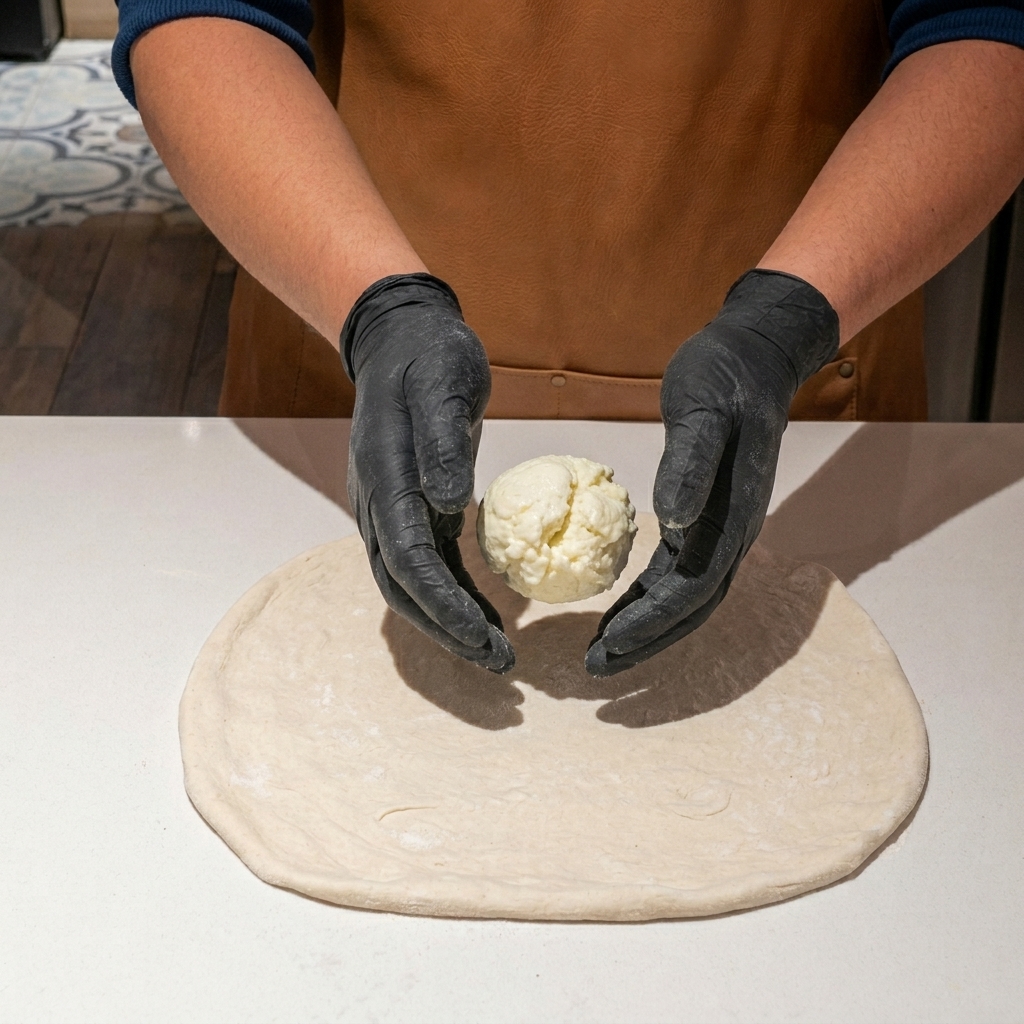 A close-up view of a pizza dough base topped with white shredded mozzarella and freshly grated Parmesan cheese.