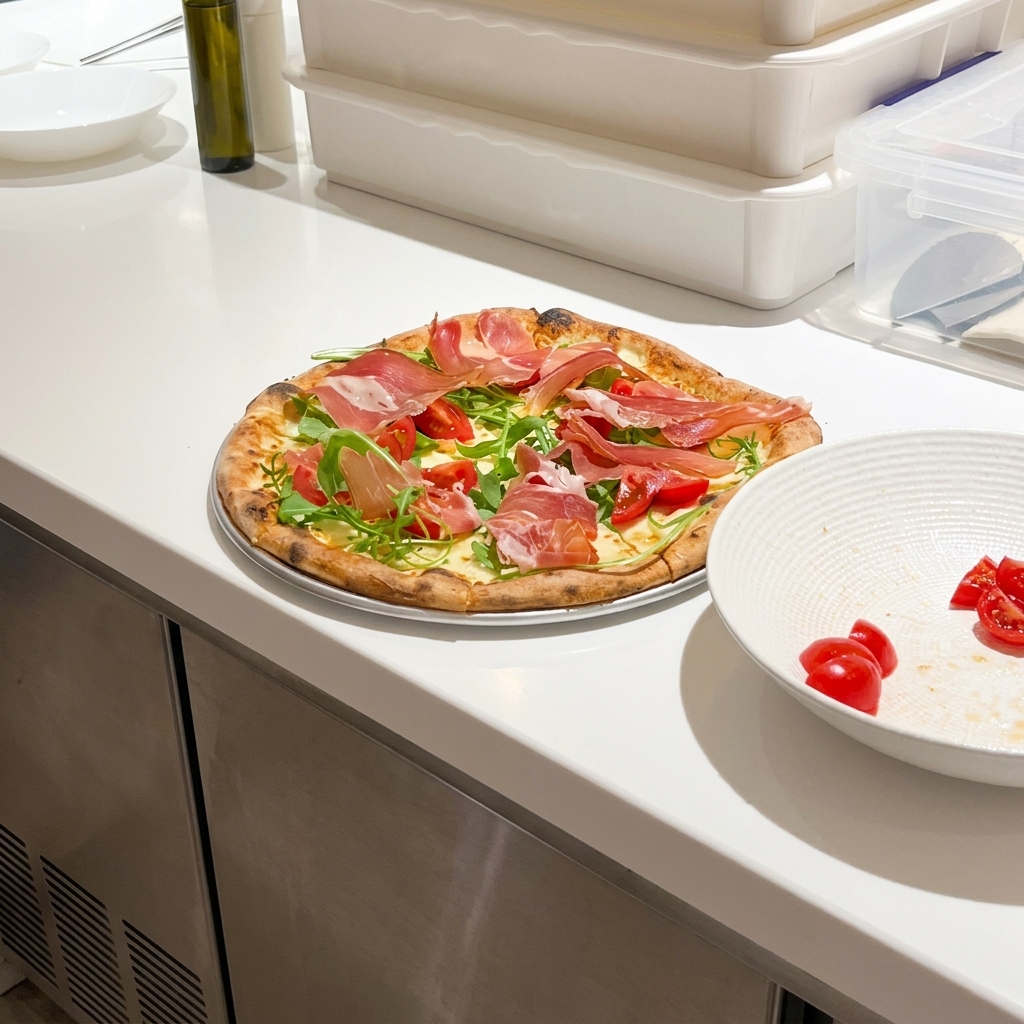 Fresh green arugula and bright red halved cherry tomatoes being scattered over a golden-brown baked pizza crust.