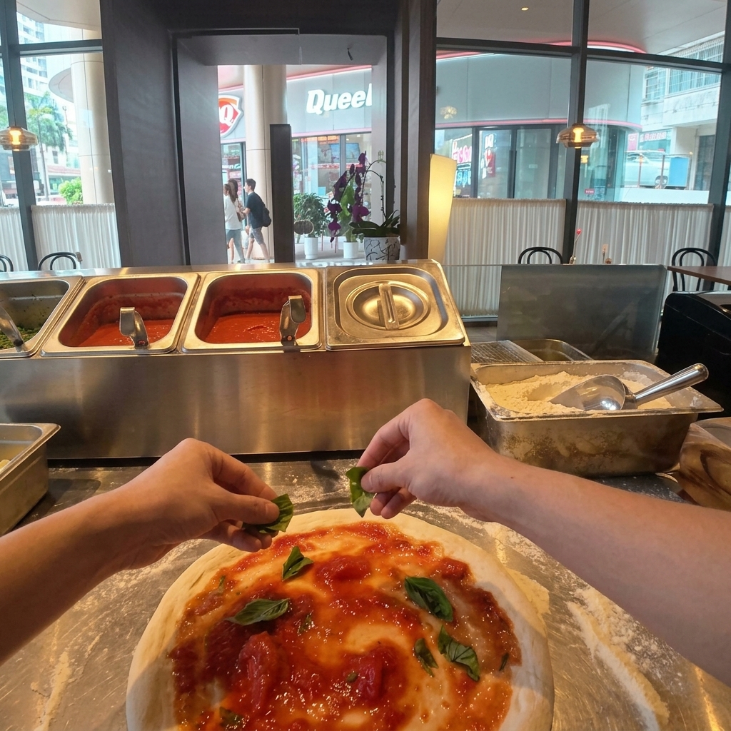 Fresh green basil leaves being scattered onto the red tomato sauce on the pizza base.