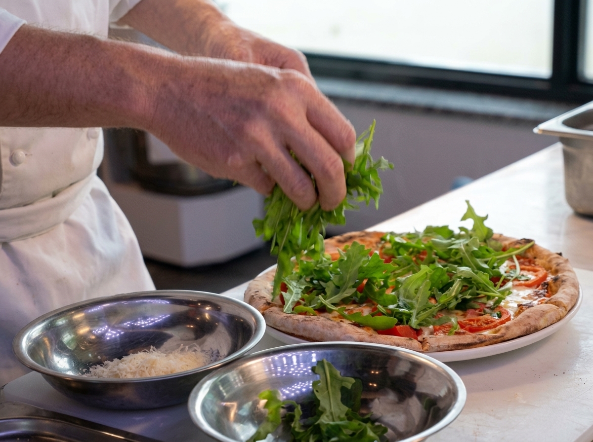 Chefs hands placing a large handful of fresh green arugula onto a hot, freshly baked pizza.