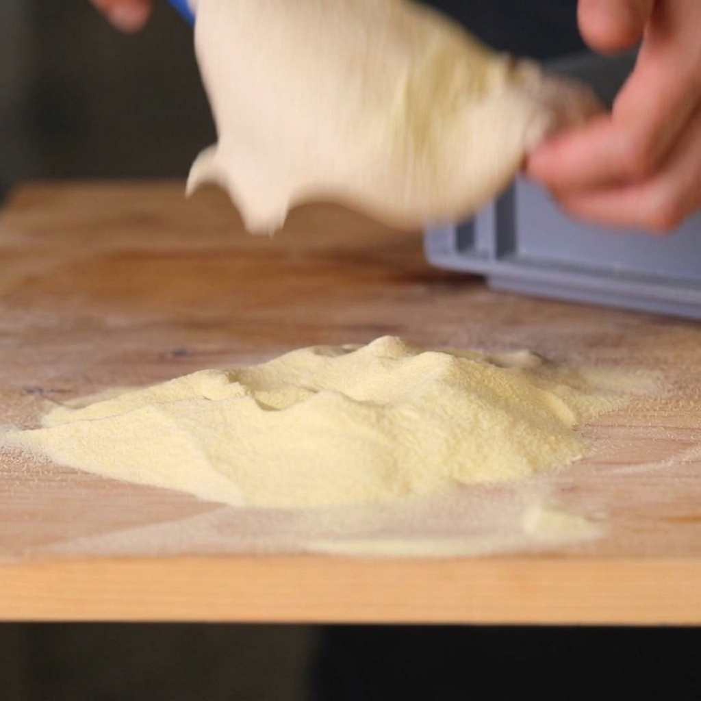 A piece of fresh pizza dough being dropped onto a wooden work surface heavily dusted with yellow semolina flour.