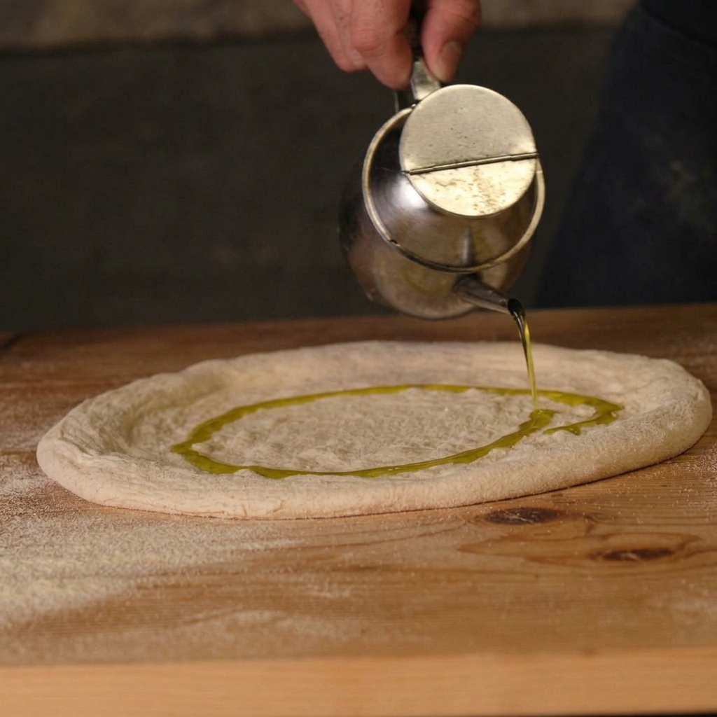 Unrefined extra virgin olive oil being poured from a metal cruet onto a stretched round of pizza dough.