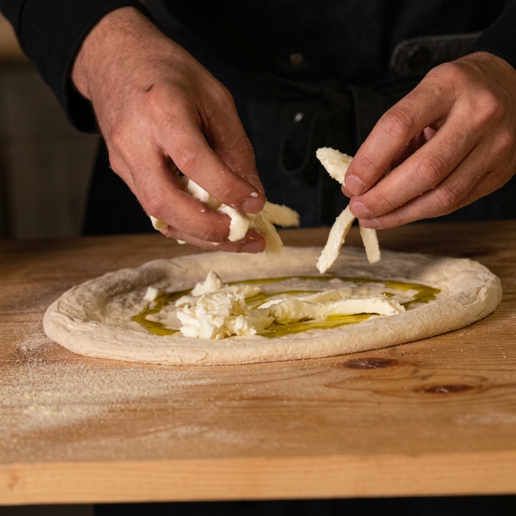 Hands tearing and placing chunks of fresh white buffalo mozzarella onto a raw pizza dough base drizzled with olive oil.