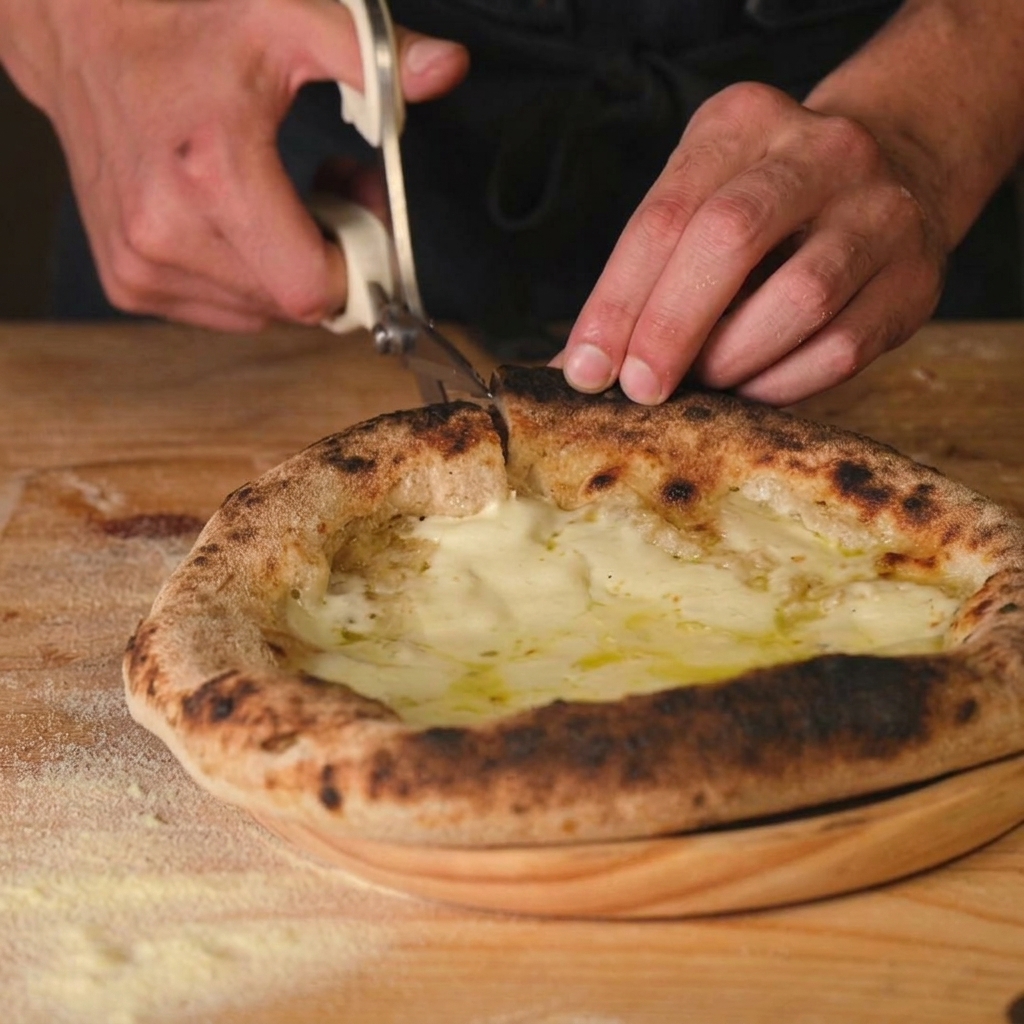 Hands using white kitchen scissors to carefully cut a freshly baked pizza with melted, bubbly mozzarella cheese on a wooden board.