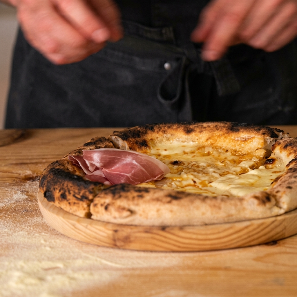 Hands gently draping a folded, thin slice of pink Parma ham over a baked pizza topped with melted cheese.