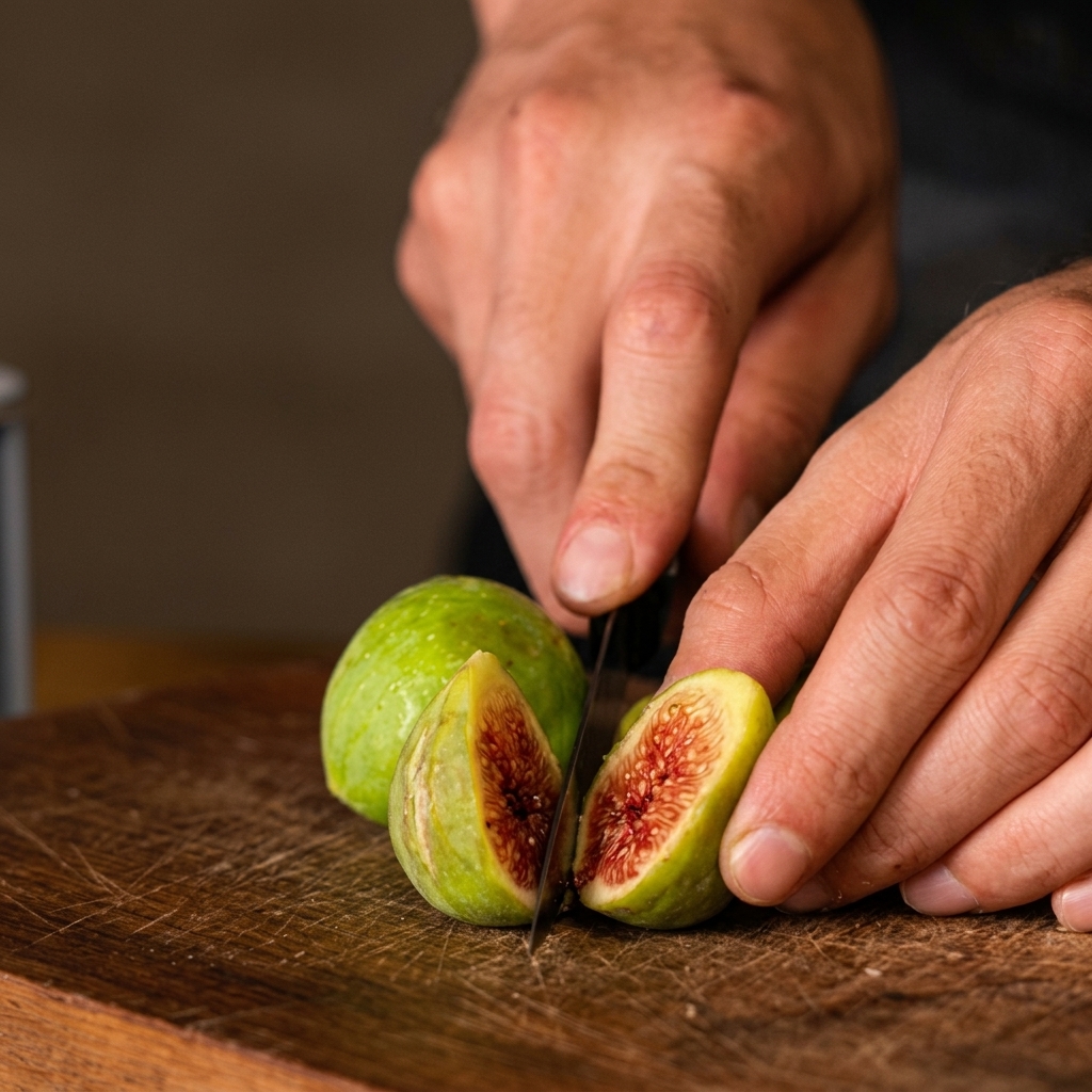 A pair of hands using a knife to slice a fresh green fig into quarters on a wooden cutting board.