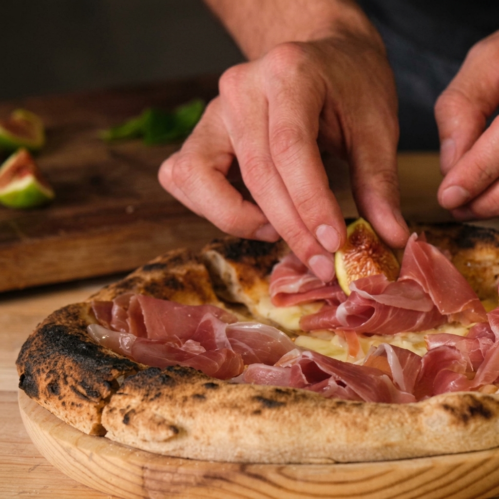 Hands carefully placing a fresh fig wedge onto a baked pizza topped with prosciutto.