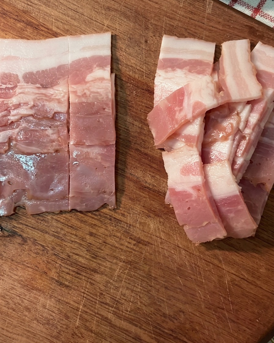 Thickly sliced raw bacon pieces resting on a wooden cutting board.