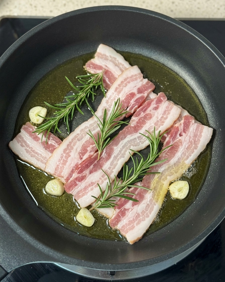 Slices of raw bacon arranged in a skillet with olive oil, accompanied by fresh rosemary sprigs and whole garlic cloves.