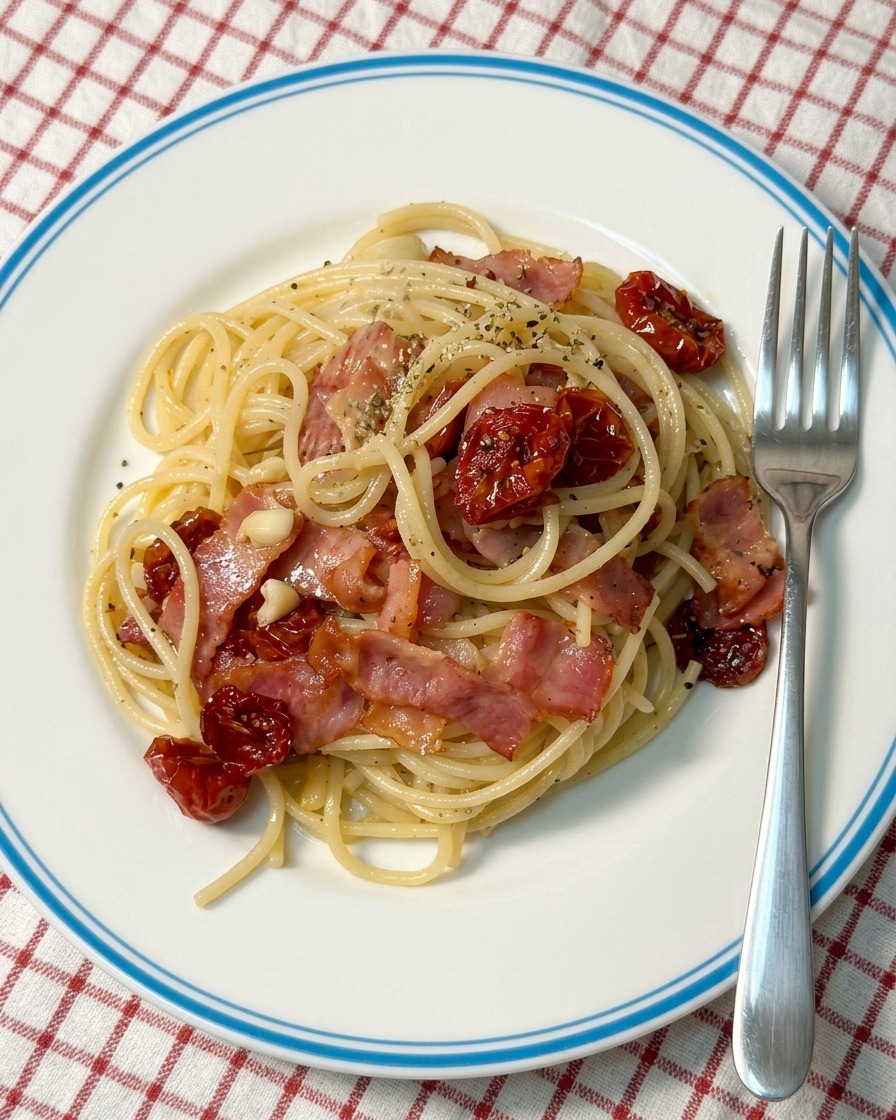 A close-up view of hands sprinkling a blend of dried green herbs and seasoning salt over a bowl of bacon and sun-dried tomato pasta.