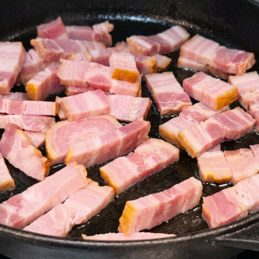 Bacon strips frying and rendering fat in a cast iron skillet until nicely browned.