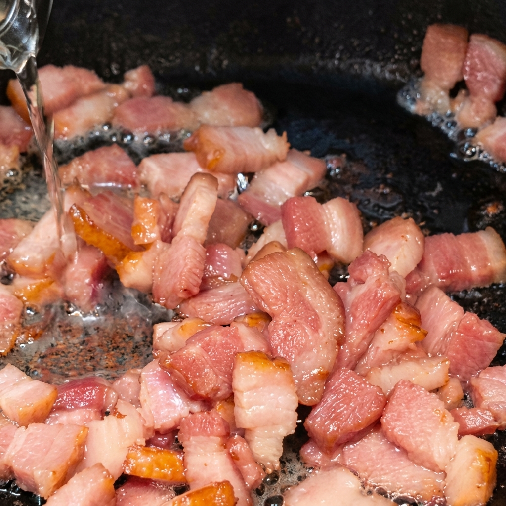 White wine being poured over browned bacon strips in a hot skillet.