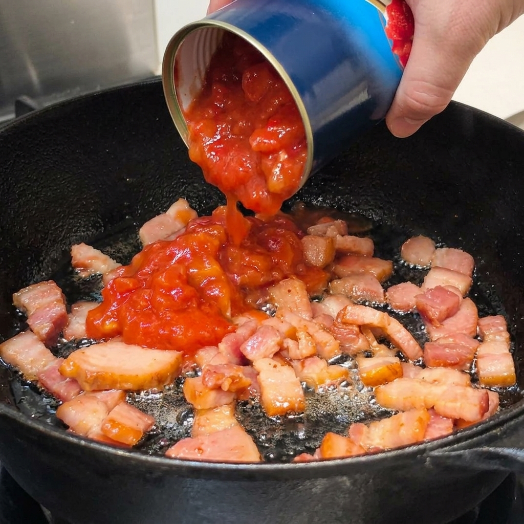 Canned tomatoes being added to the browned bacon in the skillet.