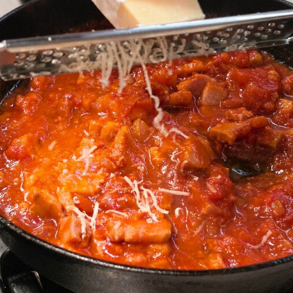 Fresh Parmesan cheese being grated directly into the red tomato sauce.