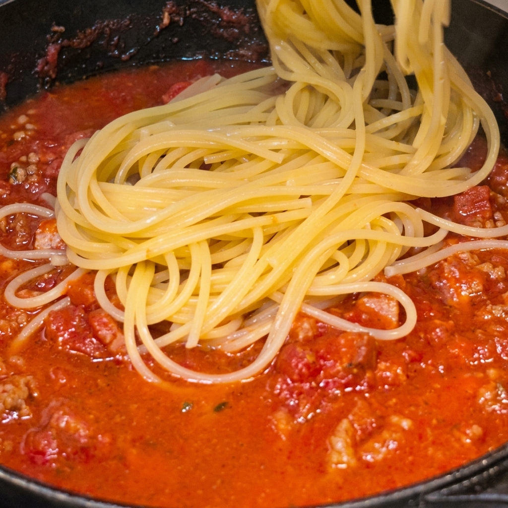 Cooked spaghetti being transferred into a skillet with a bubbling tomato and bacon sauce.