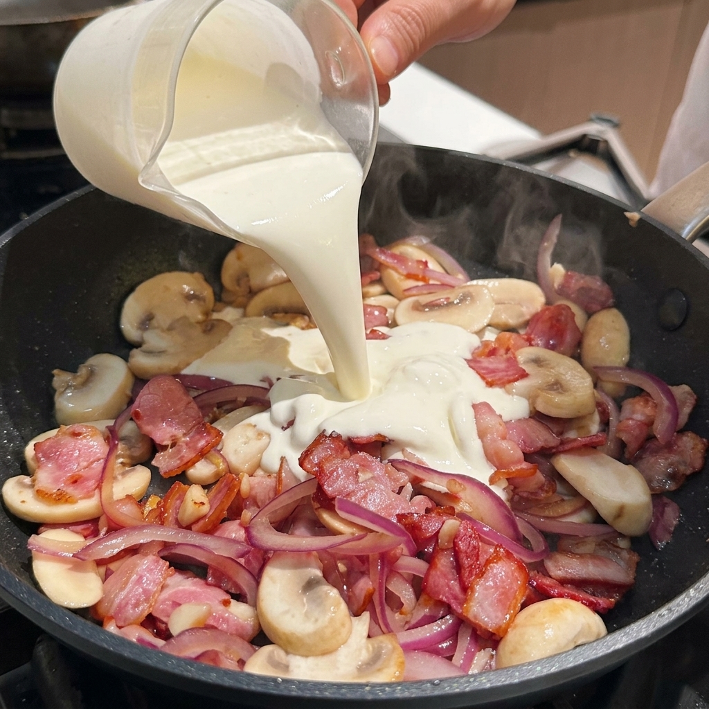 Heavy cream being poured from a glass measuring cup into a pan filled with sautéed bacon, onions, and mushrooms.