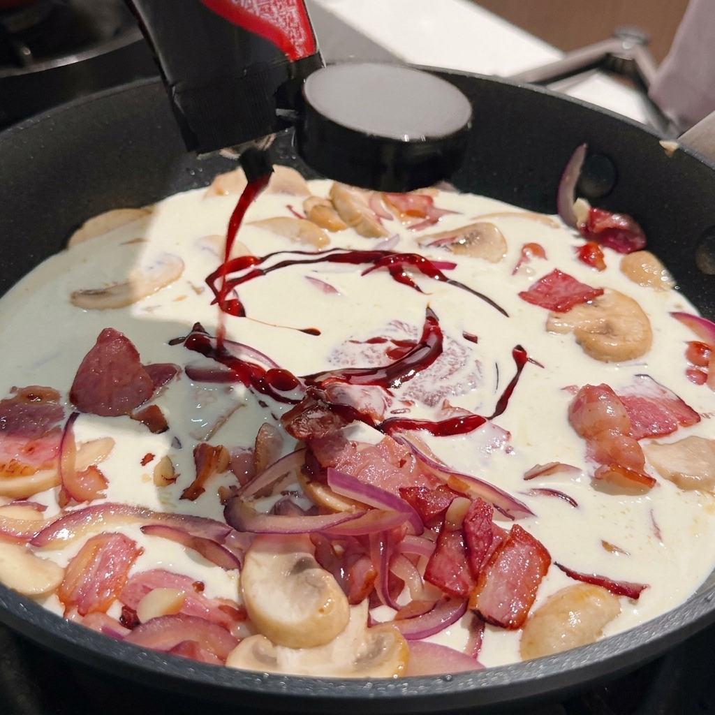 Spicy dark red fire chicken sauce being squeezed from a black bottle into the creamy bacon and mushroom mixture in a skillet.