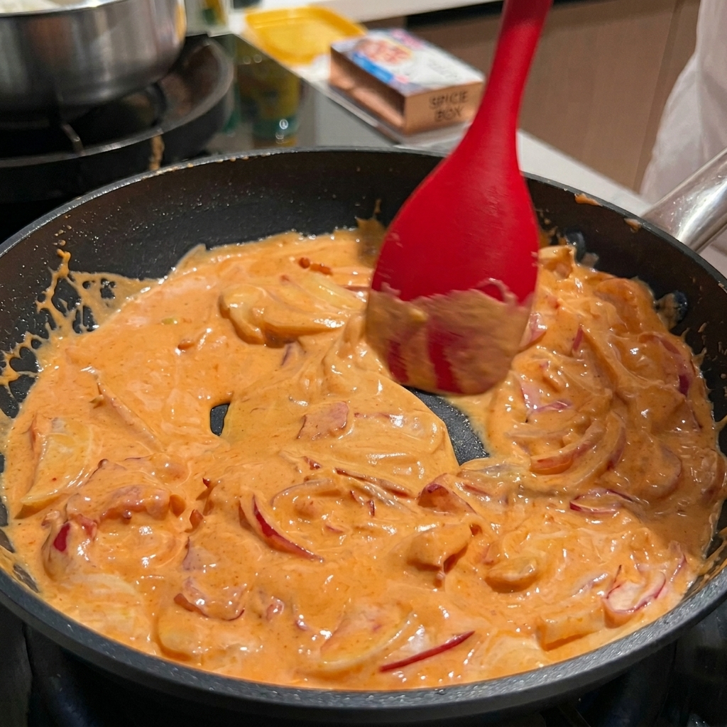A red silicone spatula stirring a vibrant orange, creamy, and spicy sauce in a hot frying pan.