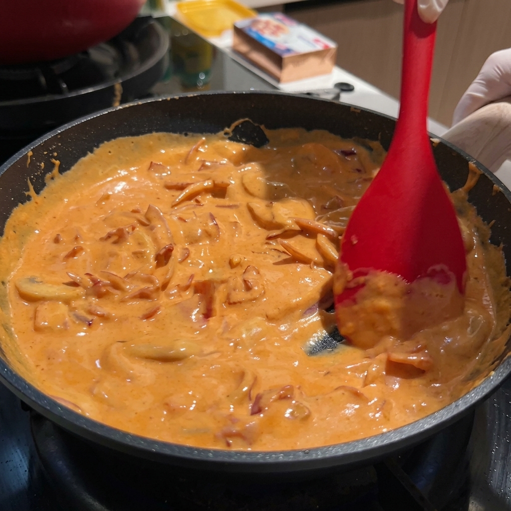 Spaghetti being tossed into a creamy orange sauce in a black frying pan.