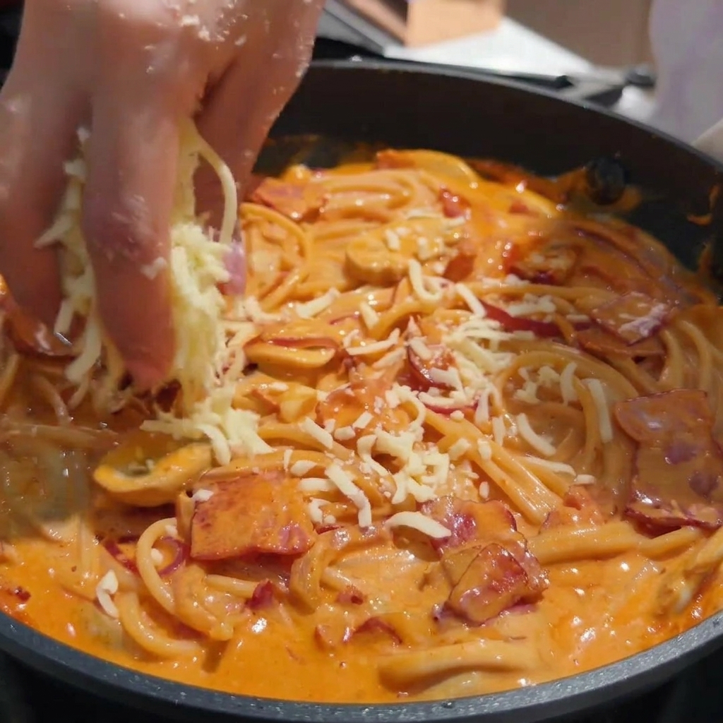 Hand sprinkling shredded mozzarella cheese over a pan of creamy sauced spaghetti.