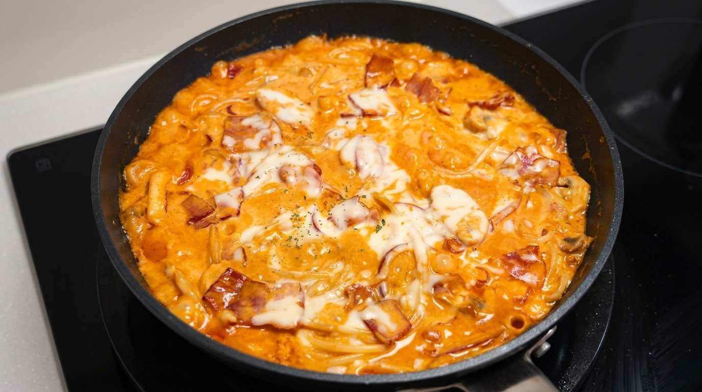 Spicy Creamy Bacon Fire Chicken Spaghetti