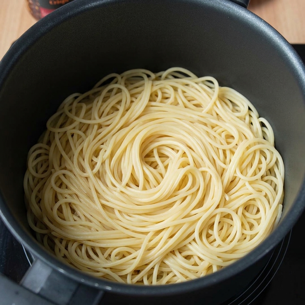 Cooked spaghetti being tossed with crispy chili oil in a pot.