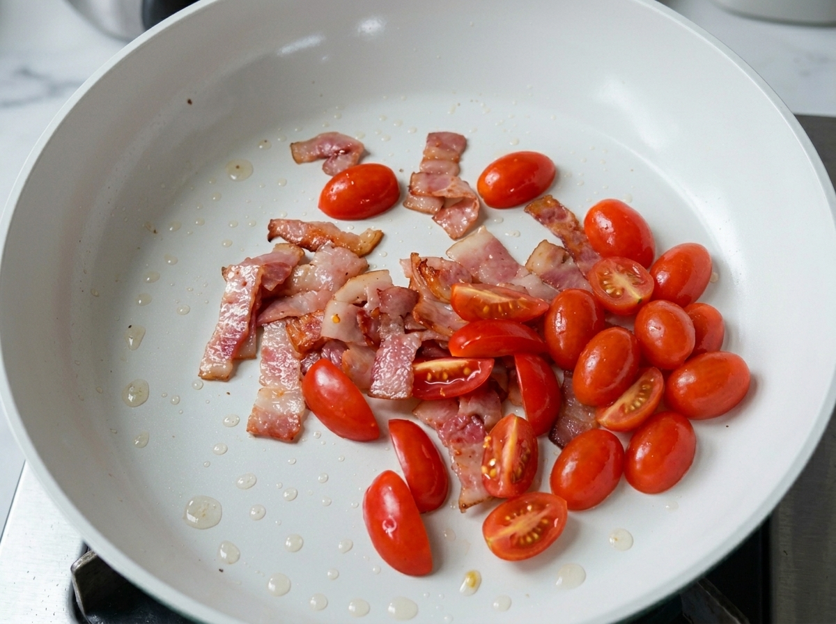Halved cherry tomatoes cooking in a pan with bacon.