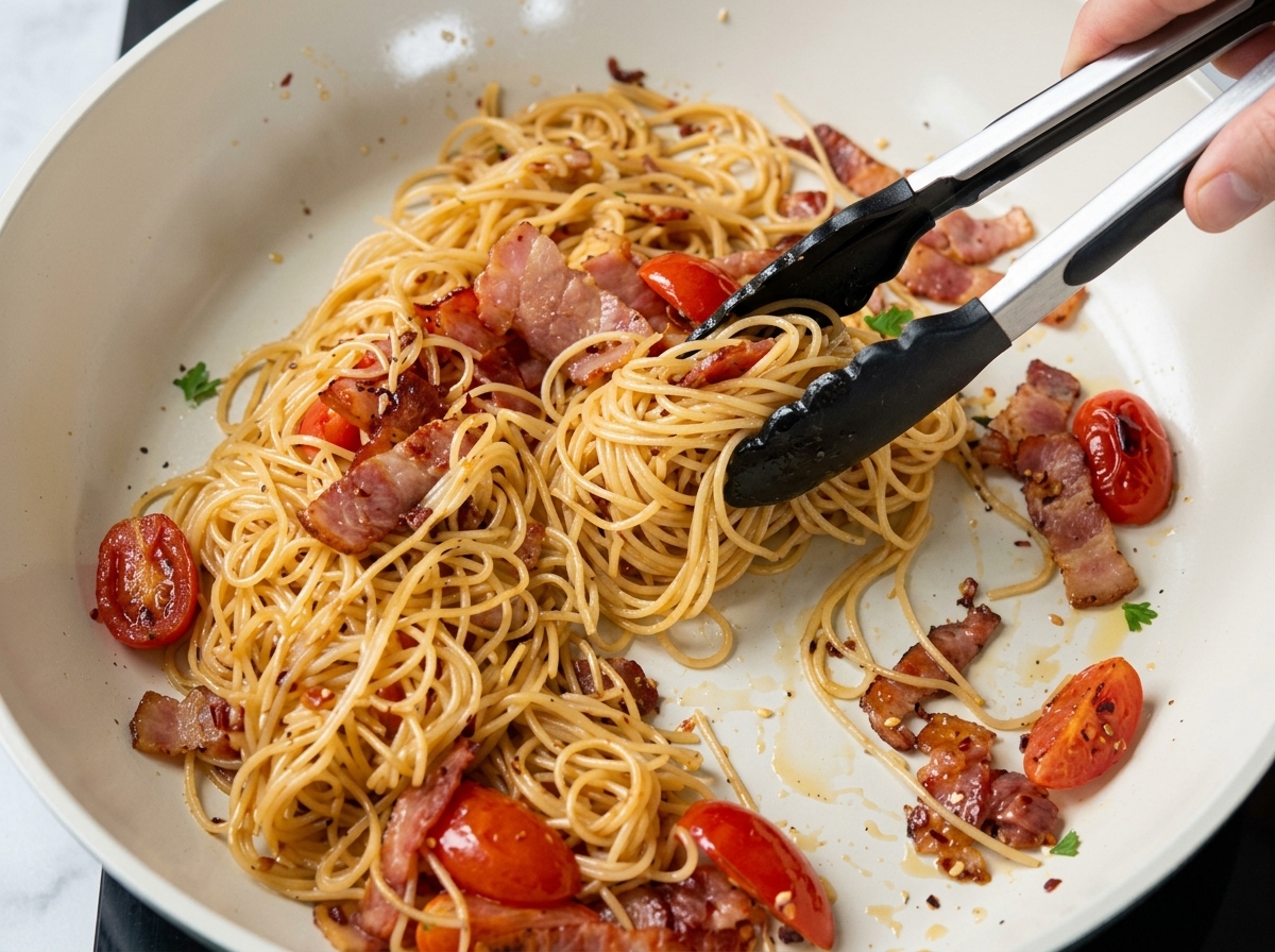 Spaghetti being finished with fresh basil leaves in the pan.