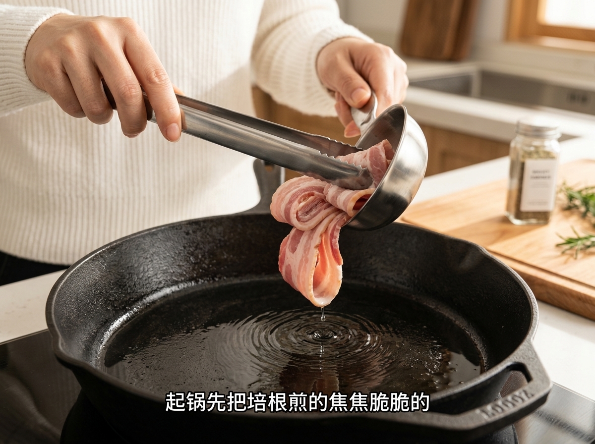Pieces of bacon frying in a hot skillet, becoming crispy and browned.