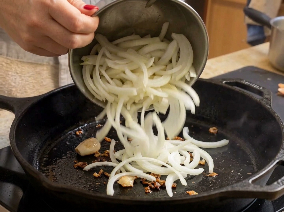 Onion slices being added to a skillet containing cooked bacon pieces, ready for sautéing.