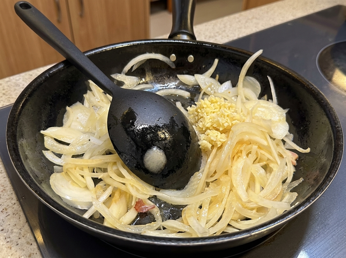 Minced garlic being added to a pan of sautéing onions and bacon pieces.