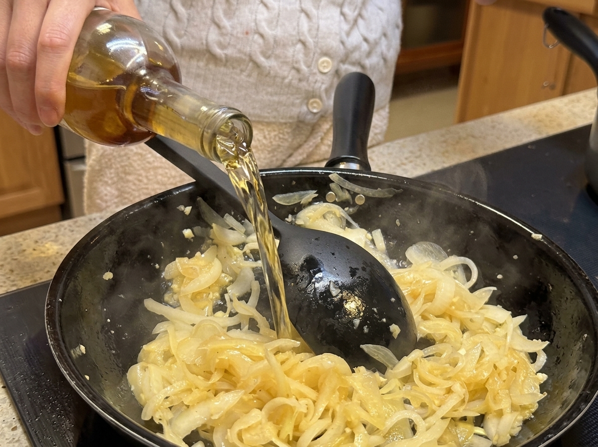White wine and black vinegar being poured into a skillet with softened onions and garlic.