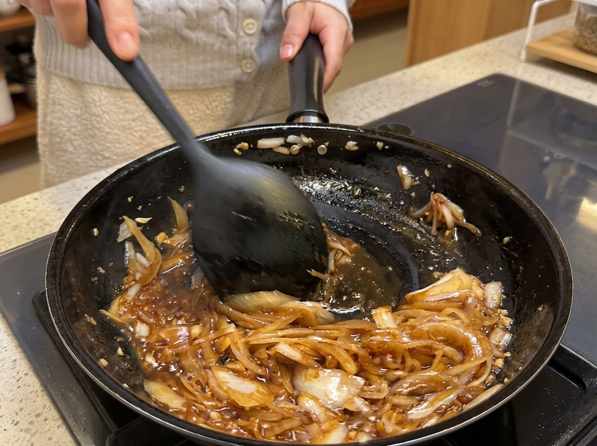 A pan containing caramelized onions and aromatics with chili oil and pasta water being stirred in.