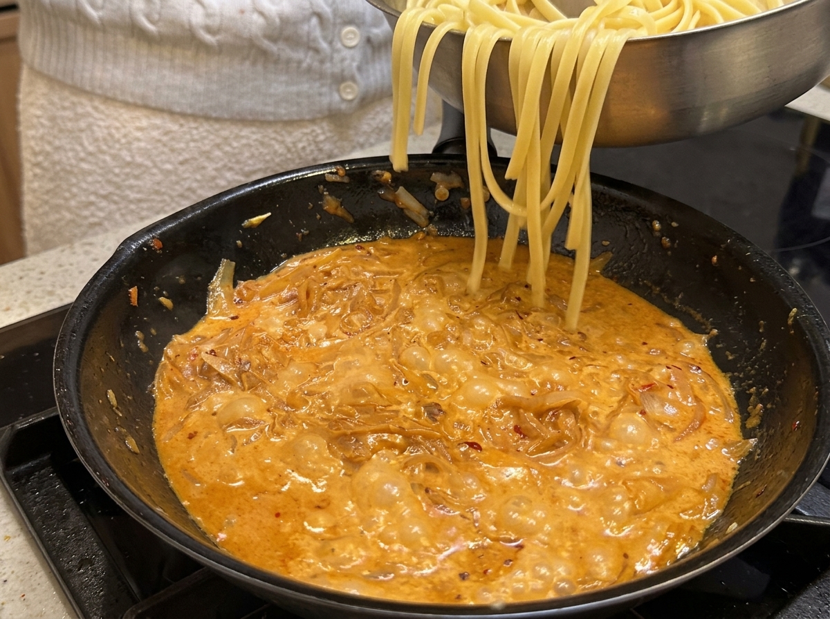 Cooked pasta being added to a pan of creamy sauce and tossed until fully coated.