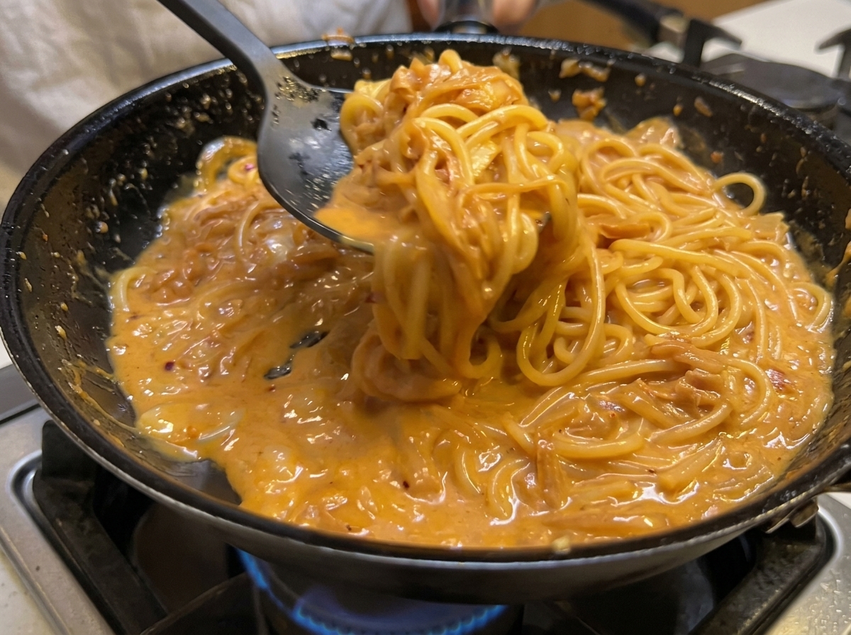 Crispy bacon being tossed into a pan of creamy pasta to finish the dish.