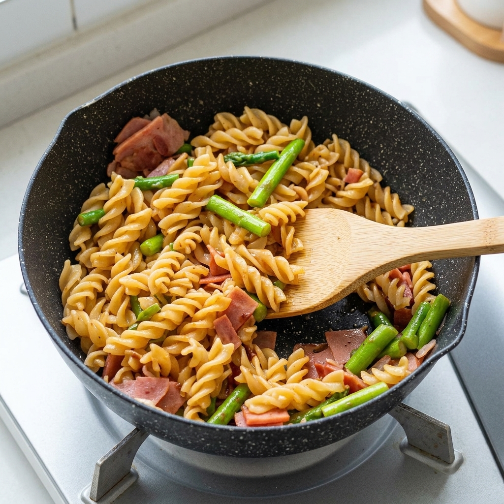 A wooden spatula tossing pasta, bacon, and asparagus in a pan to coat everything with sauce.