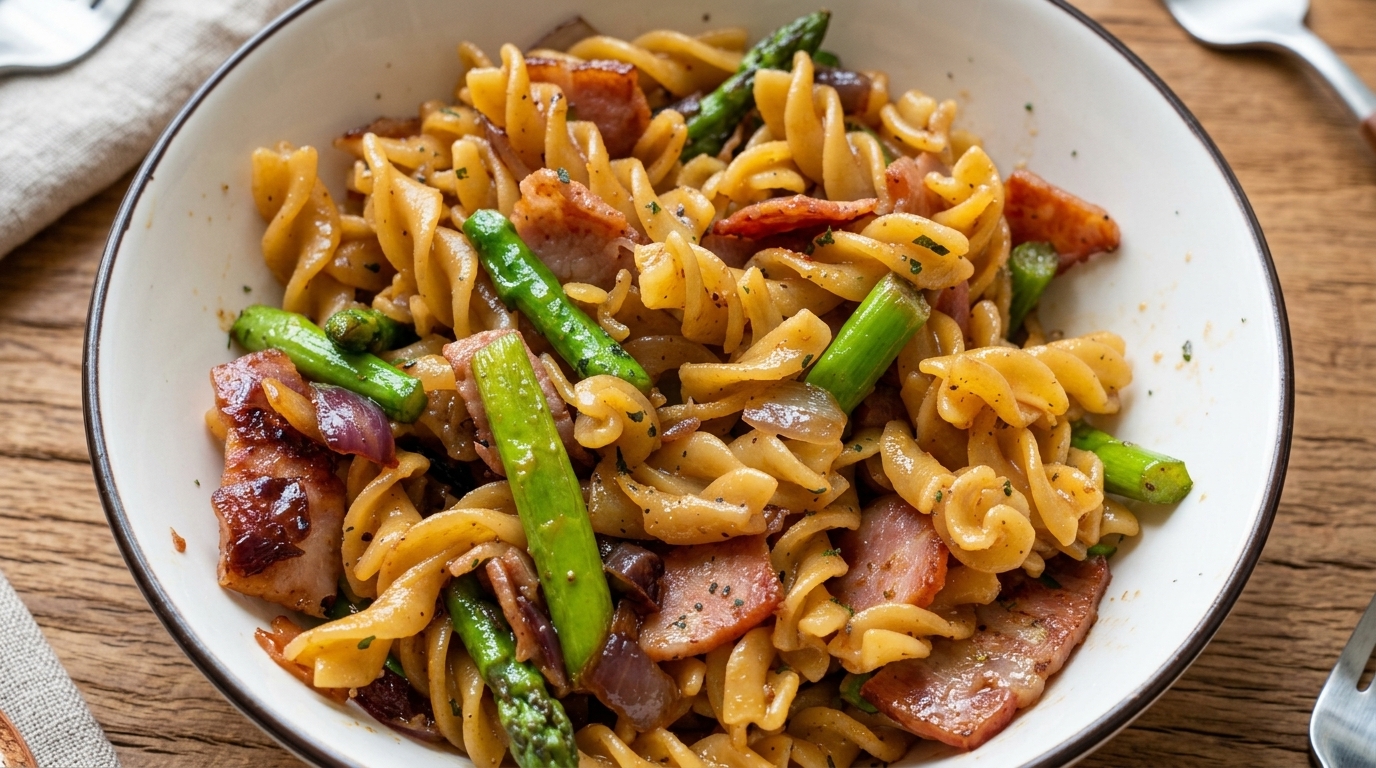 A bowl of bacon and asparagus fusilli featuring browned bacon, vibrant green asparagus, and tender fusilli in a savory sauce.