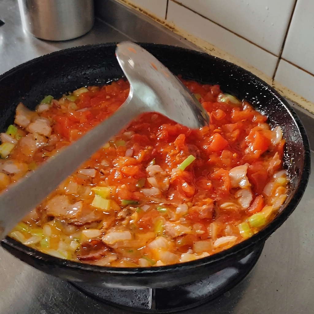 Black pepper being sprinkled into the bubbling tomato sauce in the pan.