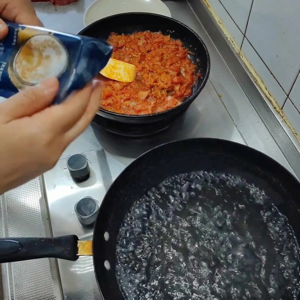 Spaghetti noodles being submerged into a large pot of boiling water.