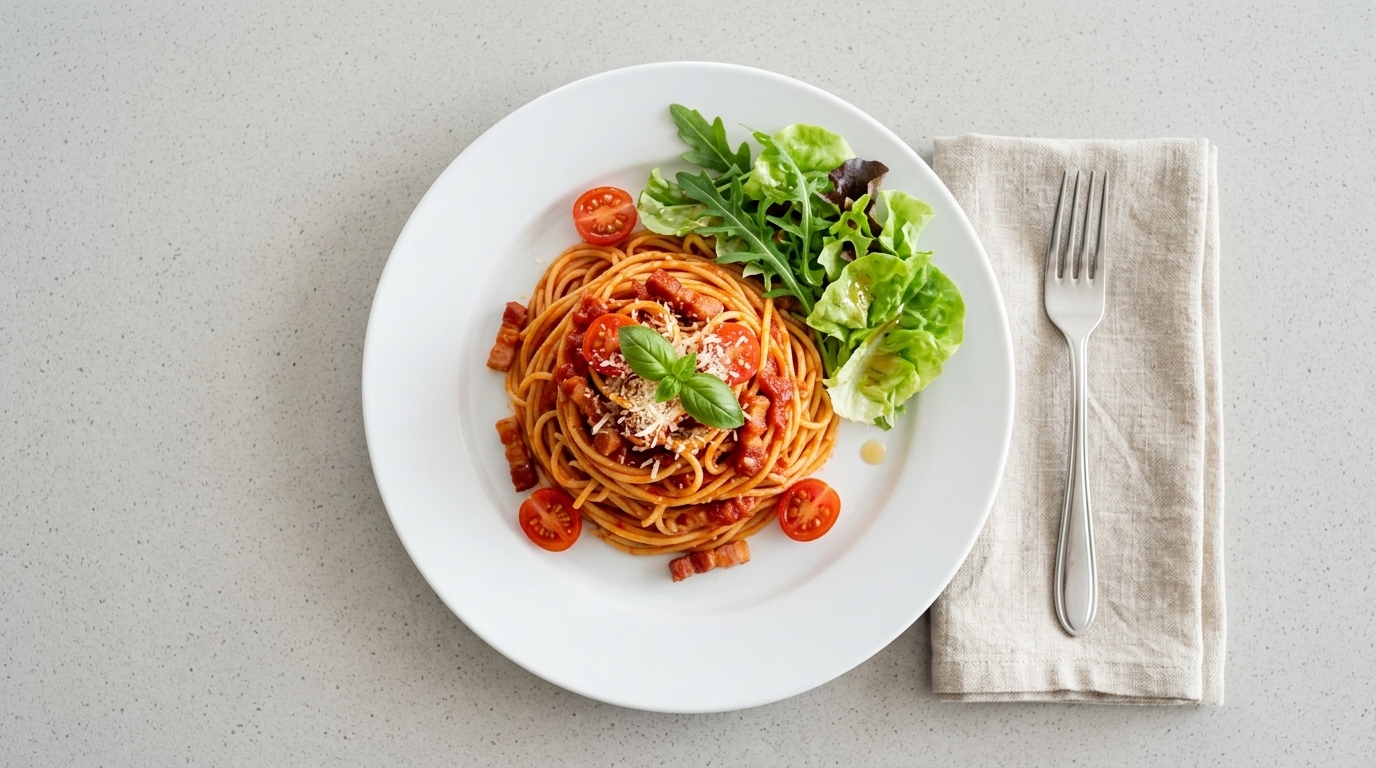 A plate of spaghetti topped with a rich tomato and bacon sauce, served with a side of lettuce and cherry tomatoes.