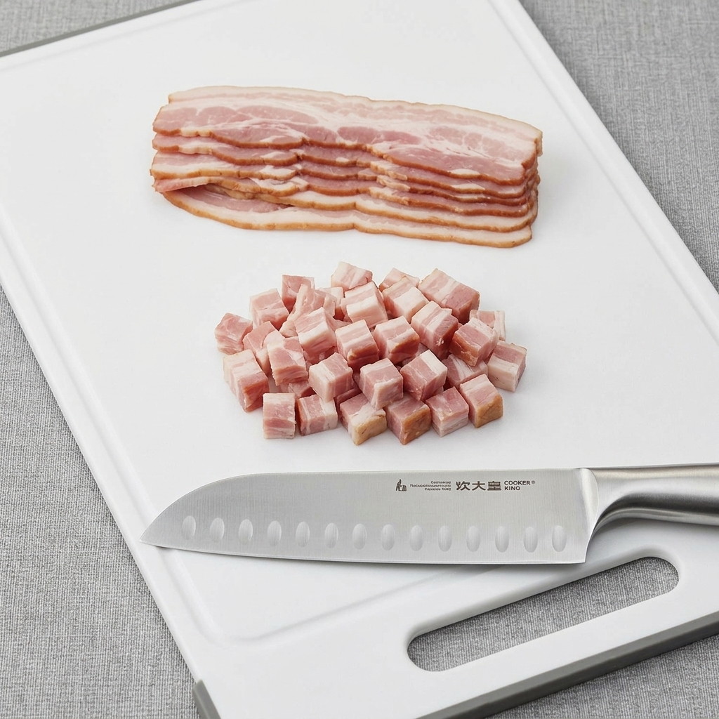 Bacon strips neatly sliced into small, even cubes on a cutting board next to a chefs knife.