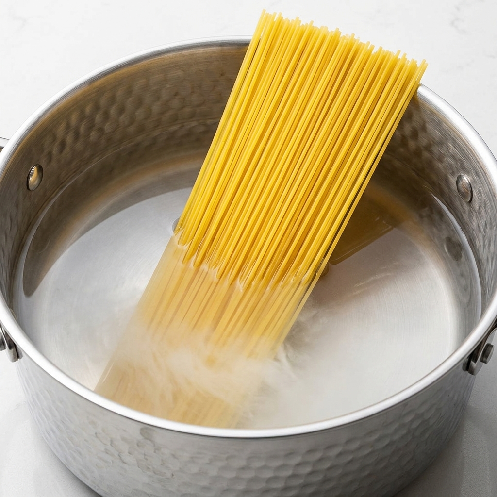 Spaghetti noodles being submerged into a large pot of boiling water.