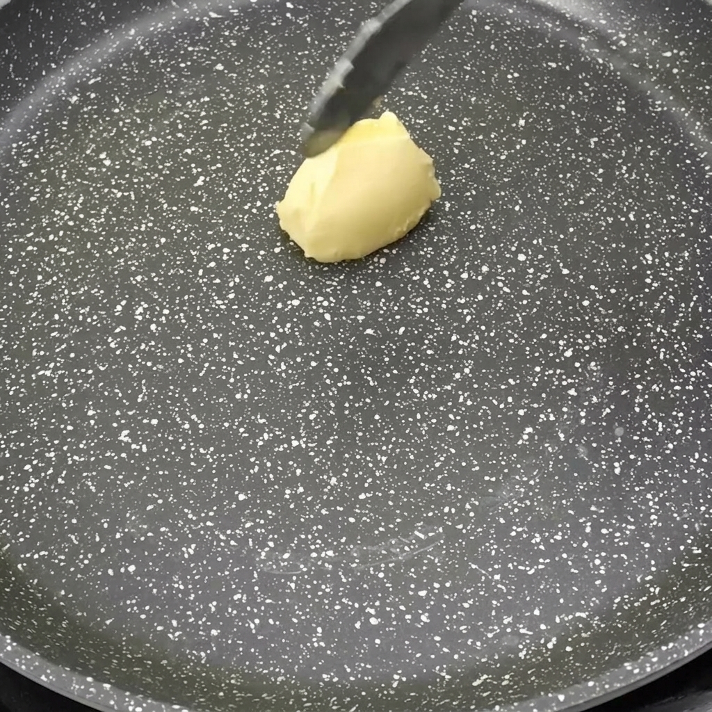 A knob of butter melting in a hot pan, being moved around with cooking tools.