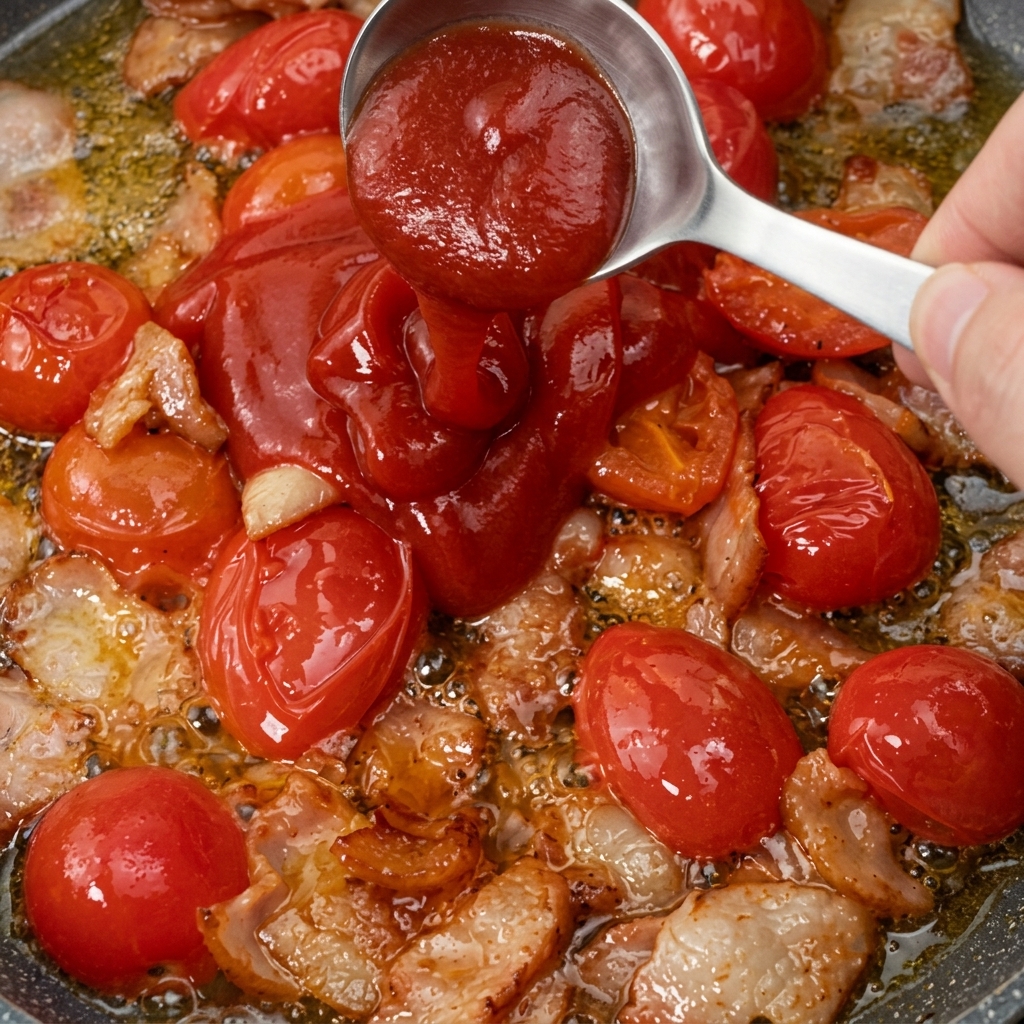 Rich red tomato sauce being poured into a pan with sautéed bacon and cherry tomatoes, ready to be stirred.