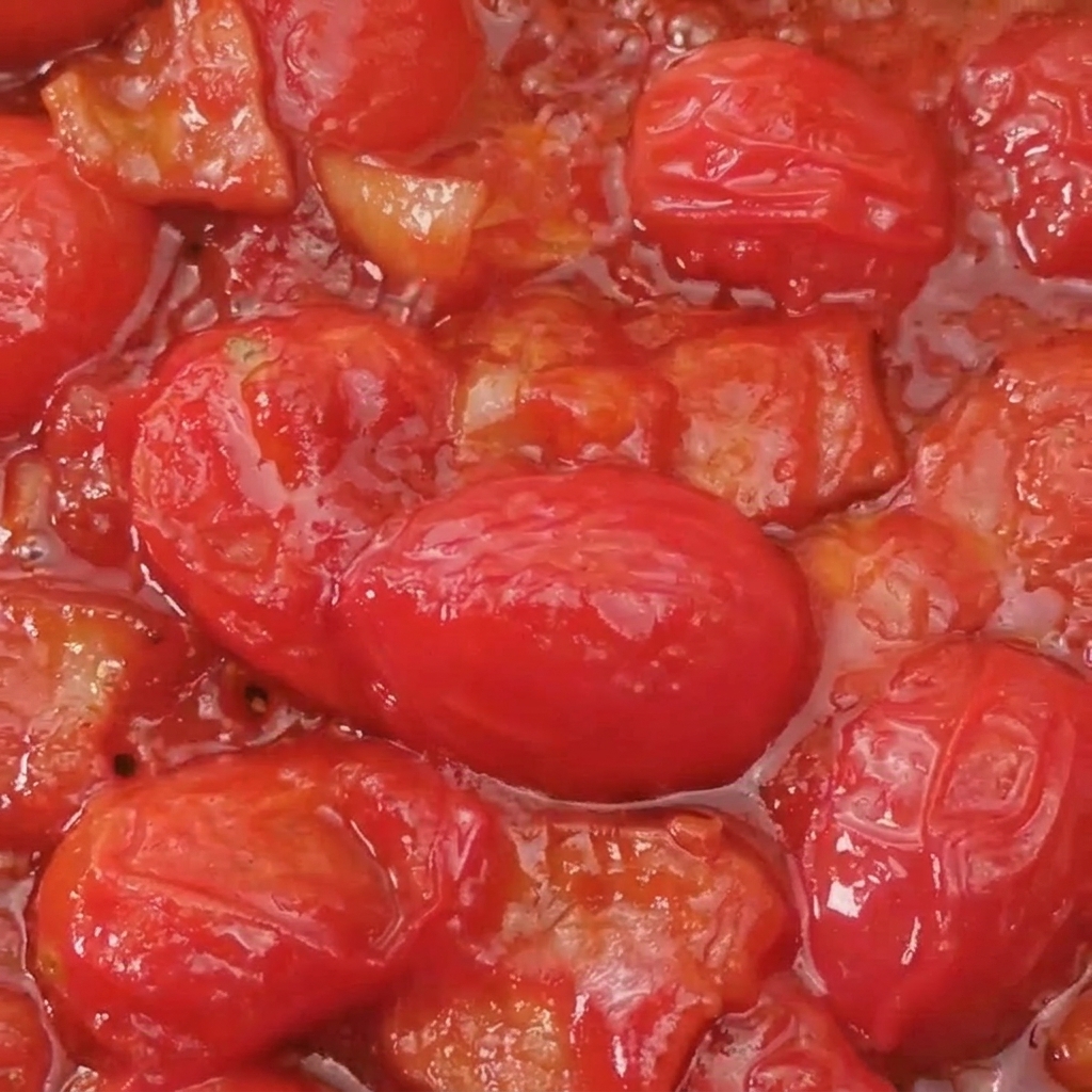 Long strands of cooked spaghetti being mixed into a pan of rich tomato and bacon sauce.