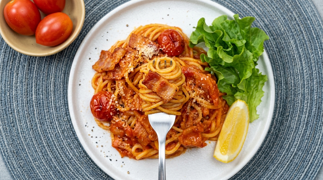 A plate of spaghetti tossed in a savory tomato and bacon sauce, served with fresh greens.